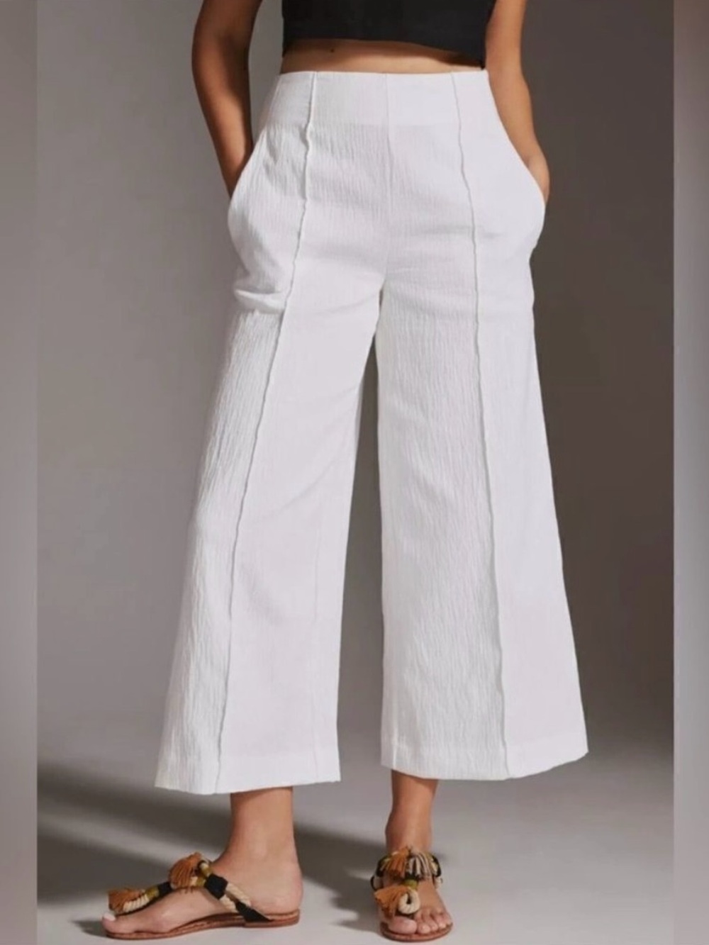Anthropologie White Wide-Leg Cropped Trousers